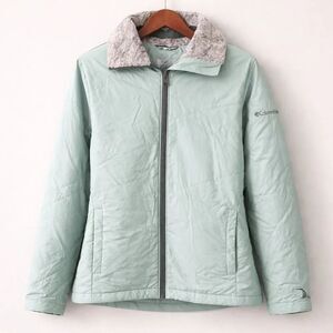 Columbia Interchange Women’s Pale Green Full Zip Pockets Fur Trim Jacket Coat S